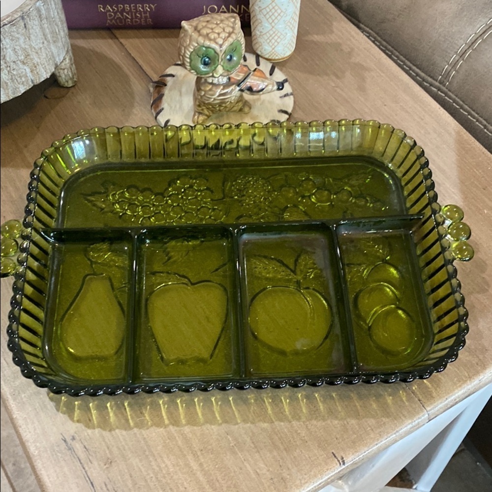 Indiana Glass Vintage Green Glass Divided Serving Tray